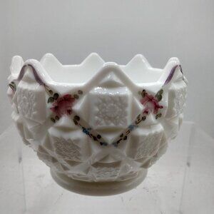 Westmoreland Milk Glass Bowl With Hand-Painted Floral Design & Sawtooth Edge